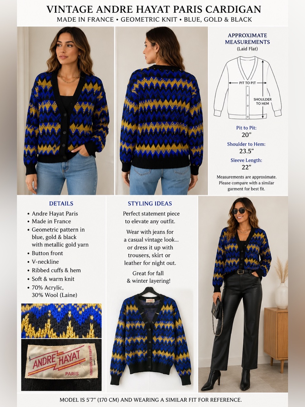 Vintage Andre Hayat Paris Cardigan Made France Blue Gold Metallic Sweater